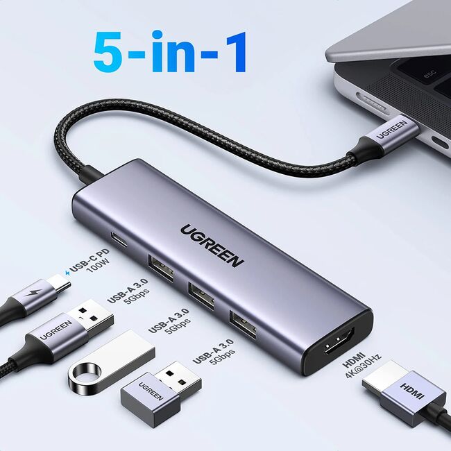Hub Multiport, Slim, USB-C, 3x USB, HDMI, PD100W, 5Gbps, 4K, 0.2m - Ugreen (15596) - Gray