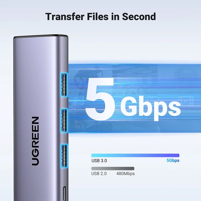 Hub Multiport, Slim, USB-C, 3x USB, HDMI, PD100W, 5Gbps, 4K, 0.2m - Ugreen (15596) - Gray