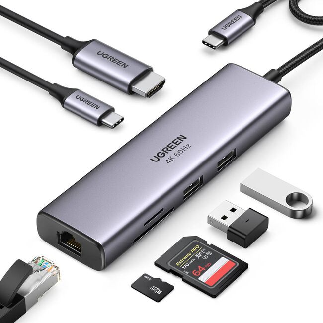 Hub Multiport, USB3.2, Type-C, HDMI, RJ45, PD100W, 0.2m - Ugreen (60515) - Gray
