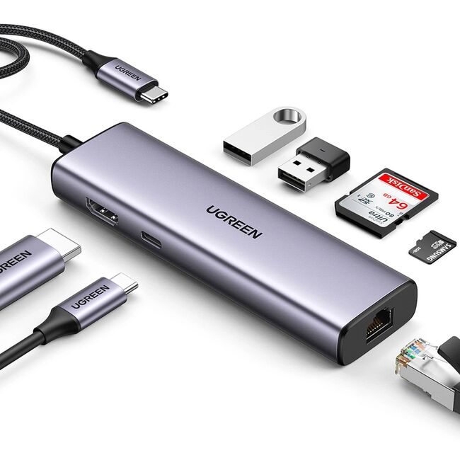 Hub USB-C, 2x USB, HDMI, RJ45, TF, SD Card, 4K, 100W - Ugreen (90568) - Gray