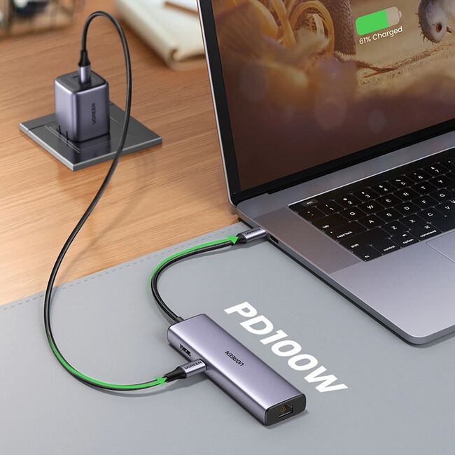 Hub USB-C, 2x USB, HDMI, RJ45, TF, SD Card, 4K, 100W - Ugreen (90568) - Gray