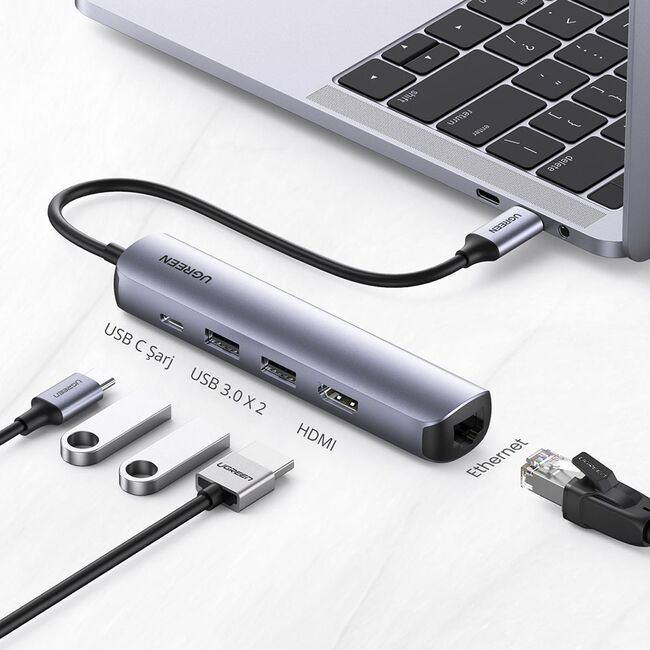 Hub USB-C la Type-C, 2x USB, HDMI, RJ45 - Ugreen (10919) - Gray