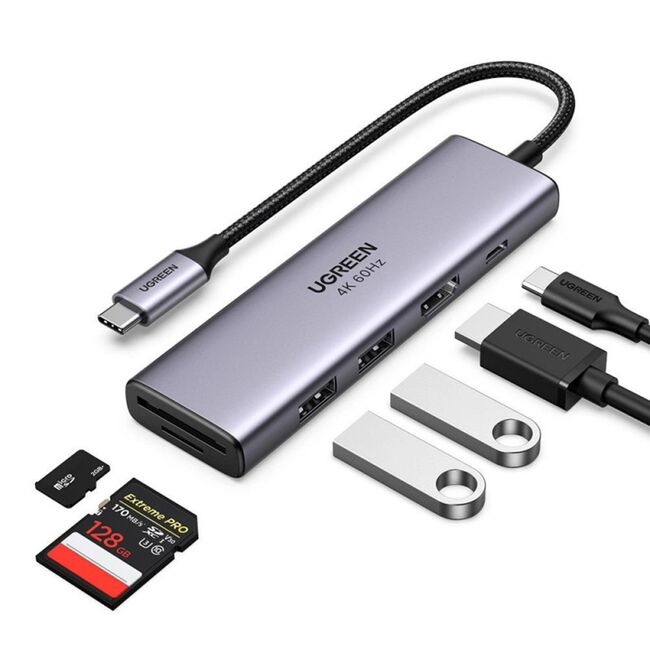 Hub USB-C la Type-C, 2x USB, HDMI, TF, SD Card - Ugreen (60384) - Gray