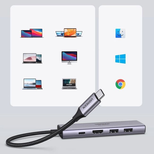 Hub USB-C la Type-C, 2x USB, HDMI, TF, SD Card - Ugreen (60384) - Gray