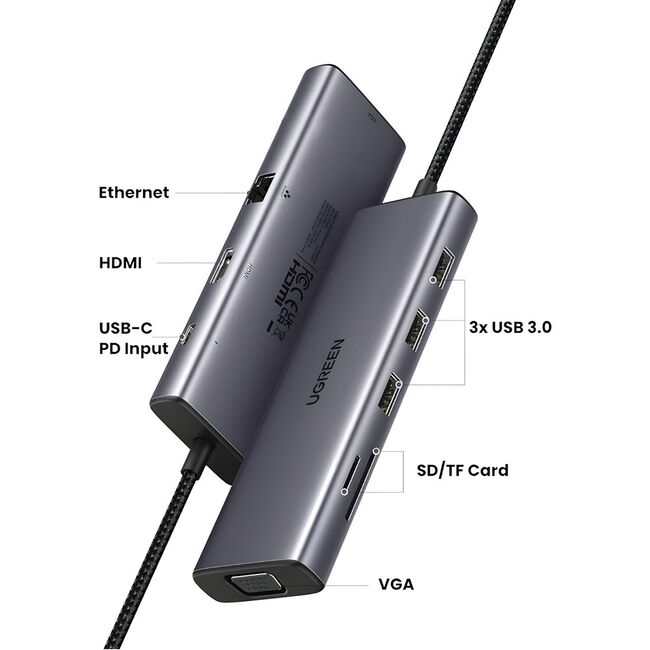 Hub USB-C la Type-C, 3x USB, HDMI, RJ45, VGA, TF, SD Card - Ugreen (15600) - Gray