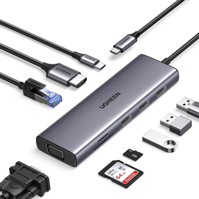 Hub USB-C la Type-C, 3x USB, HDMI, RJ45, VGA, TF, SD Card - Ugreen (15600) - Gray