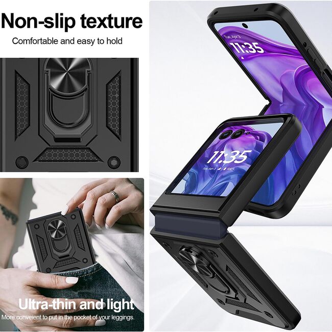 Husa pentru  Motorola Razr 60 Ultra Ring Armor Kickstand Tough Rugged Cover, Negru