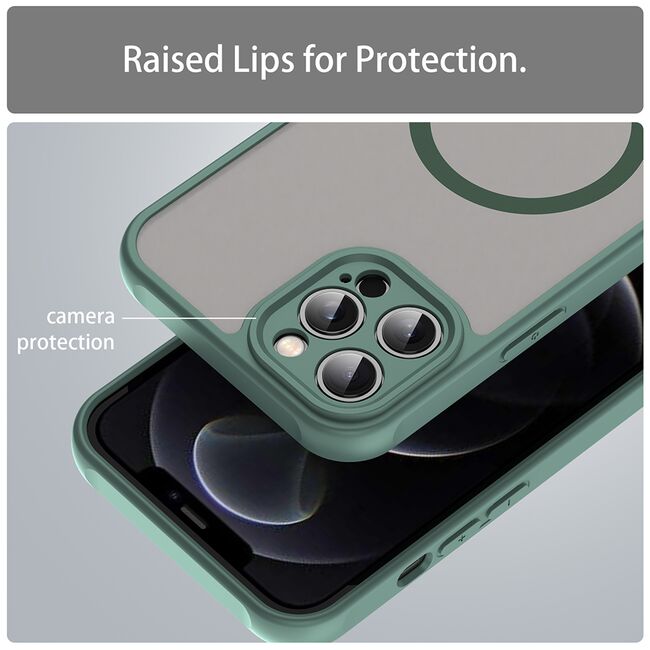 Husa pentru  iPhone 12 Pro cu protectie pentru lentile si MagSafe EasyCharge, Ghost Series Anti-ingalbenire, frosted - Verde
