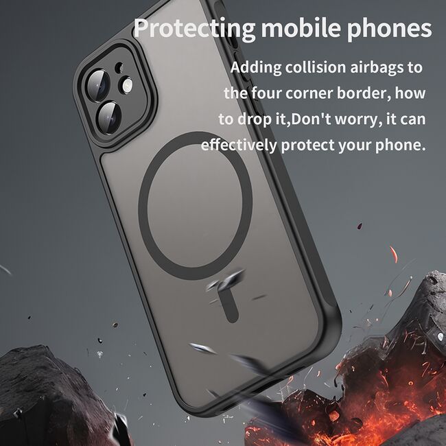 Husa pentru iPhone 12 cu protectie pentru lentile si MagSafe EasyCharge, Ghost Series Anti-ingalbenire, frosted - Negru