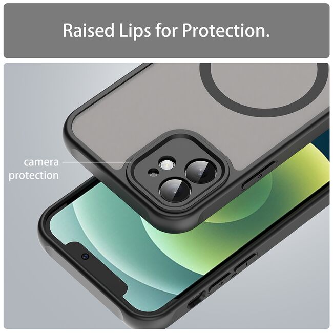 Husa pentru iPhone 12 cu protectie pentru lentile si MagSafe EasyCharge, Ghost Series Anti-ingalbenire, frosted - Negru