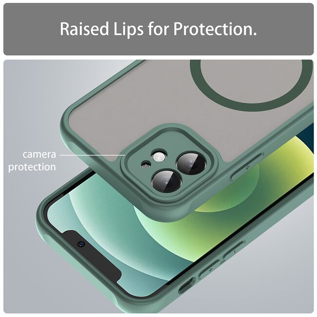 Husa pentru iPhone 12 cu protectie pentru lentile si MagSafe EasyCharge, Ghost Series Anti-ingalbenire, frosted - Verde