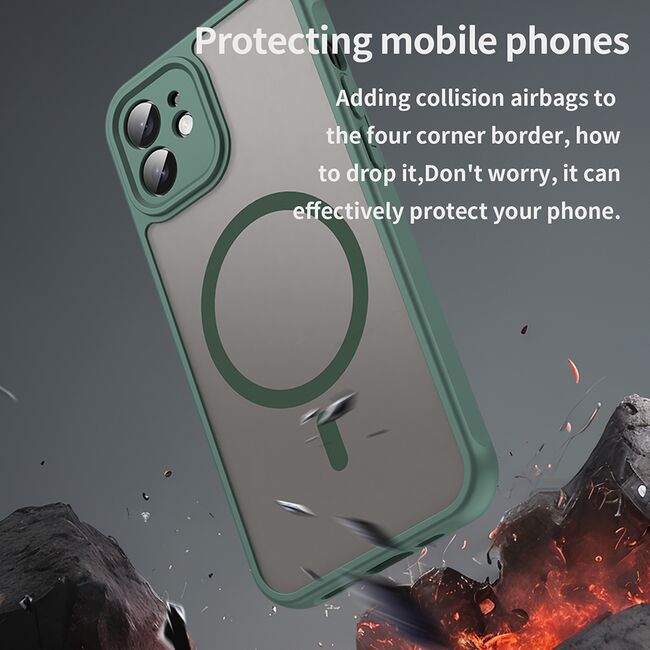 Husa pentru iPhone 12 cu protectie pentru lentile si MagSafe EasyCharge, Ghost Series Anti-ingalbenire, frosted - Verde