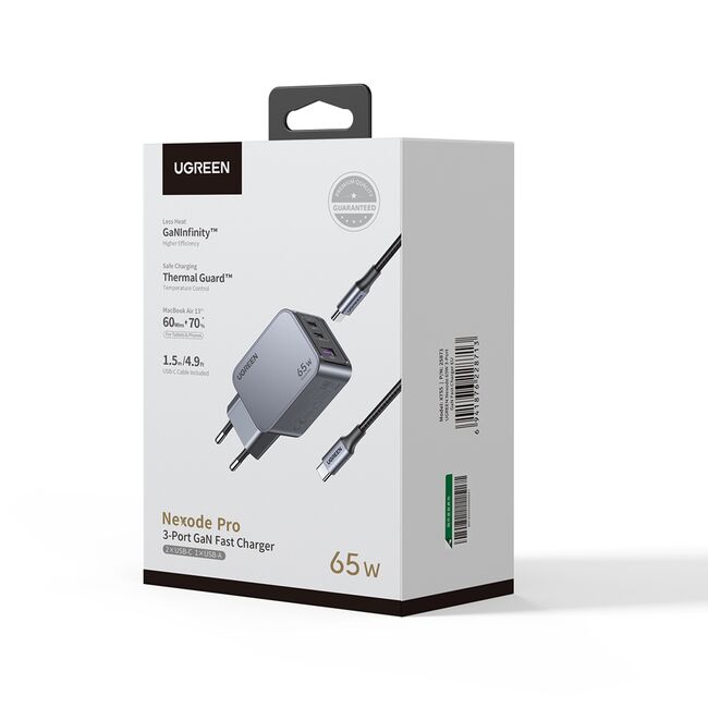Incarcator USB, 2x Type-C, GaN, Fast Charging, 65W, 3A, PD3.0, QC4.0 - Ugreen Nexode Pro X755 (25871) - Grey