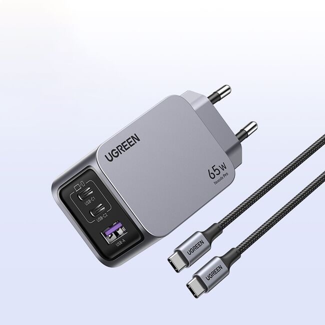 Incarcator USB, 2x Type-C, GaN, Fast Charging, 65W, 3A, PD3.0, QC4.0 - Ugreen Nexode Pro X755 (25871) - Grey