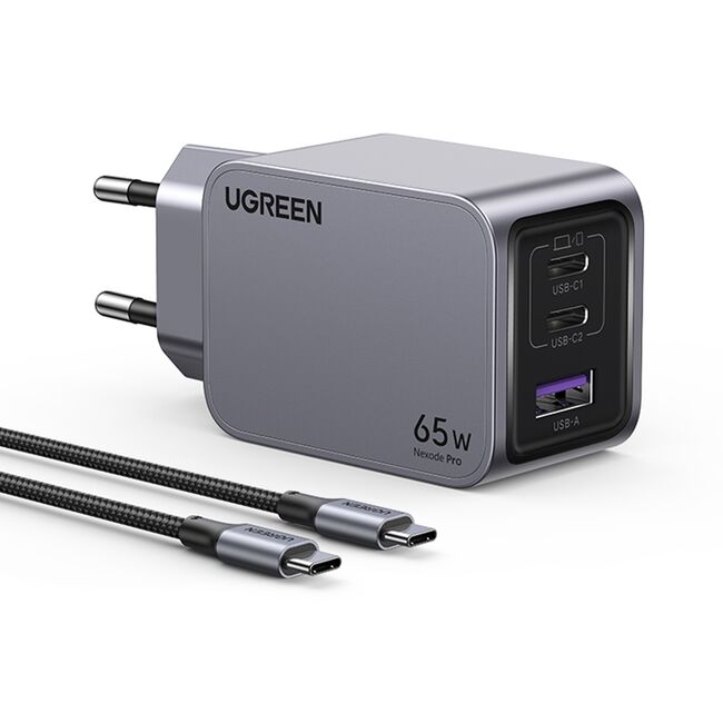 Incarcator USB, 2x Type-C, GaN, Fast Charging, 65W, 3A, PD3.0, QC4.0 - Ugreen Nexode Pro X755 (25871) - Grey