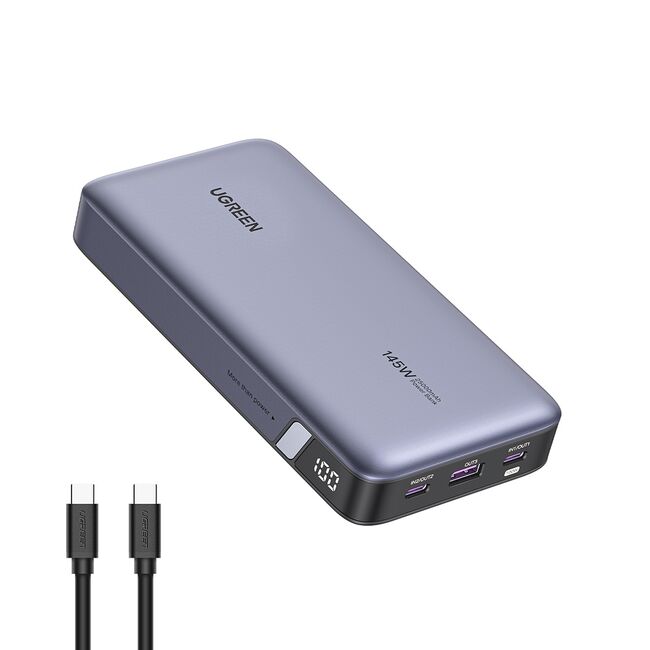 Baterie Externa cu Display Digital, USB, 2x Type-C, 25000mAh, PD3.0, 145W, 5V/3A - Ugreen PB205 (90597A) - Space Gray