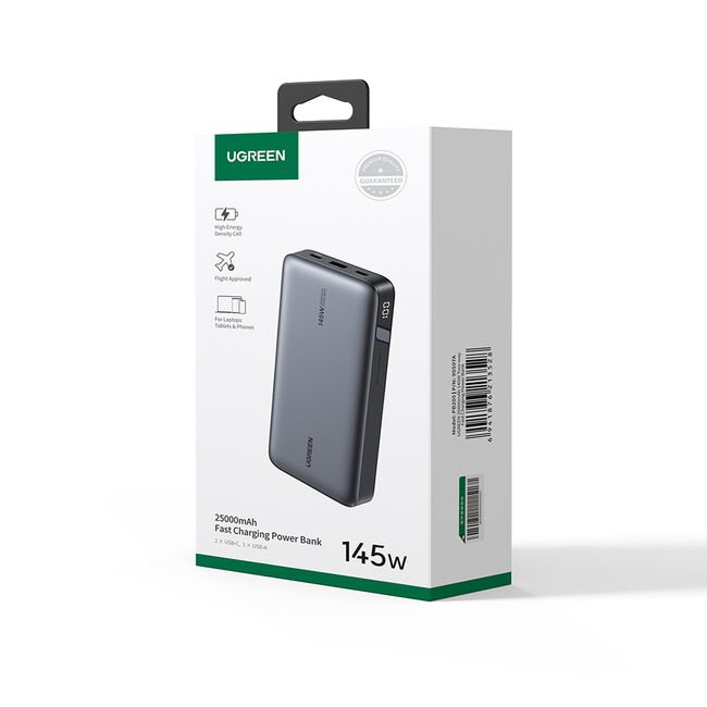 Baterie Externa cu Display Digital, USB, 2x Type-C, 25000mAh, PD3.0, 145W, 5V/3A - Ugreen PB205 (90597A) - Space Gray
