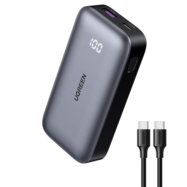 Baterie Externa fara Fir cu Display Digital, USB, Type-C, 10000mAh, 30W, 5V/3A - Ugreen PB502 (25185) - Grey