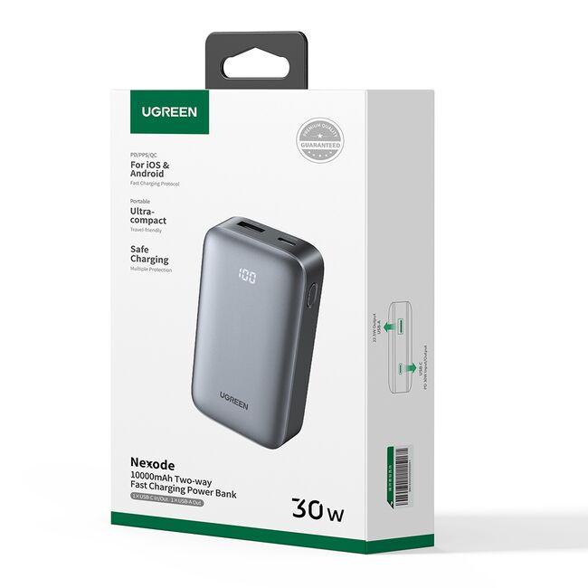 Baterie Externa fara Fir cu Display Digital, USB, Type-C, 10000mAh, 30W, 5V/3A - Ugreen PB502 (25185) - Grey