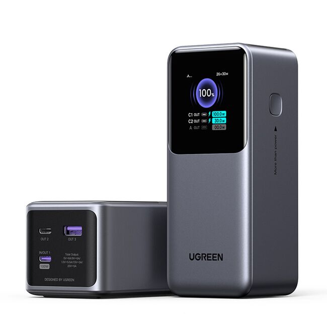 Baterie Externa cu Display Digital, 20000mAh,USB, 2x Type-C, 130W, QC, PD, 5V/3A - Ugreen PB721 (35524B) - Grey