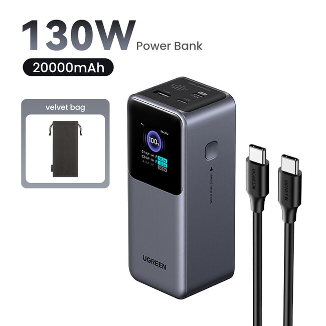 Baterie Externa cu Display Digital, 20000mAh,USB, 2x Type-C, 130W, QC, PD, 5V/3A - Ugreen PB721 (35524B) - Grey