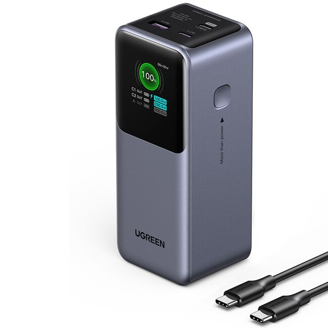 Baterie Externa cu Display Digital, 20000mAh,USB, 2x Type-C, 130W, QC, PD, 5V/3A - Ugreen PB721 (35524B) - Grey