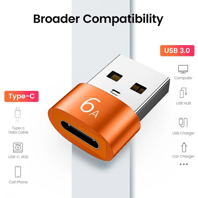 Adaptor USB-C la USB-A, 6A, Aluminiu -  HyperPort (A4) - Black / Orange