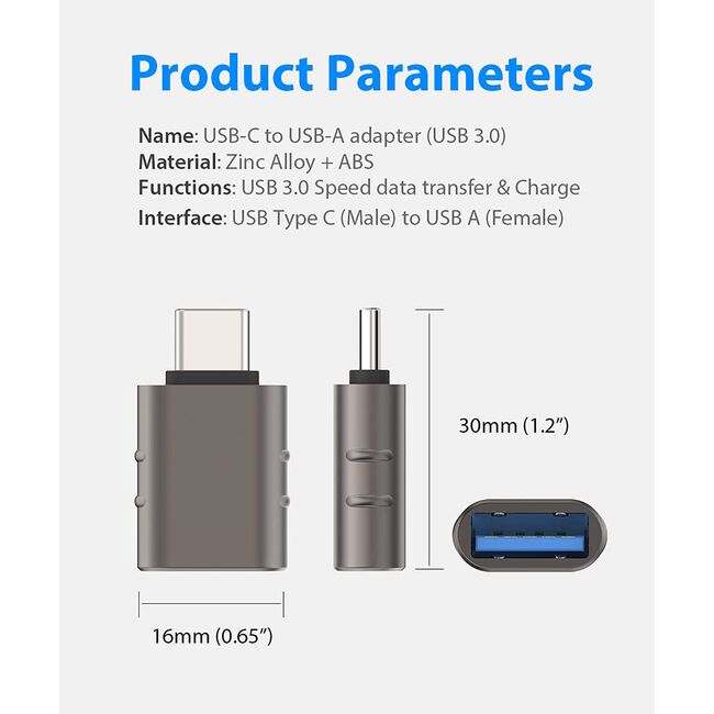 Adaptor USB la Type-C, 5Gbps, 3A, Aluminiu - SlateVolt (A10) - Gray