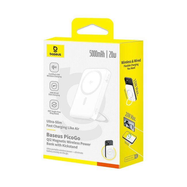 Acumulator Extern Type-C, Qi2, 20W, 5000mAh, with Cable Type-C - Baseus PicoGo (P10076800213-01) - White
