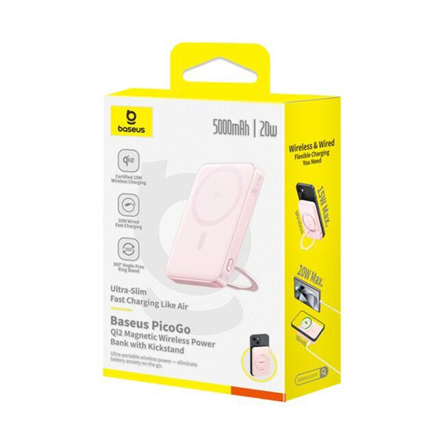 Acumulator Extern Type-C, Qi2, 20W, 5000mAh, with Cable Type-C - Baseus PicoGo (P10076800213-01) - Pink