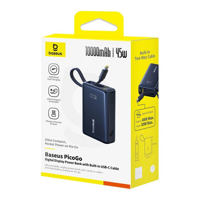 Baterie externa 10000mAh Type-C, USB, 45W, Fast Charging, Cablu Type-C - Baseus PicoGo (P10076803123-00) - Black
