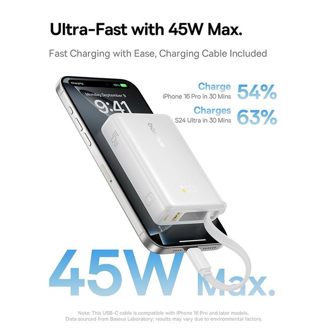 Baterie externa 10000mAh Type-C, USB, 45W, Fast Charging, Cablu Type-C - Baseus PicoGo (P10076803213-00) - White