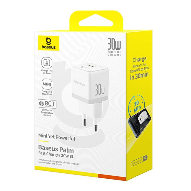 Incarcator EU 2 in 1 USB, Type-C, 1m, 30W - Baseus Palm (P1011160A213-00) - Moon White
