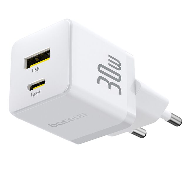 Incarcator EU 2 in 1 USB, Type-C, 1m, 30W - Baseus Palm (P1011160A213-00) - Moon White