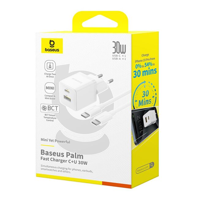 Incarcator EU cu Cablu Type-C, 1m, 30W - Baseus Palm (P1011160A213-01) - Moon White