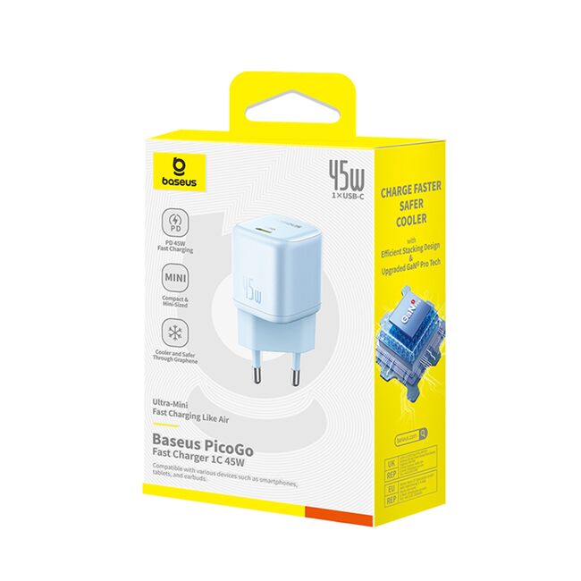 Alimentator pentru Priza, 45W, USB-C, GaN -  Baseus PicoGo (P10176800313-00) - Galaxy Blue
