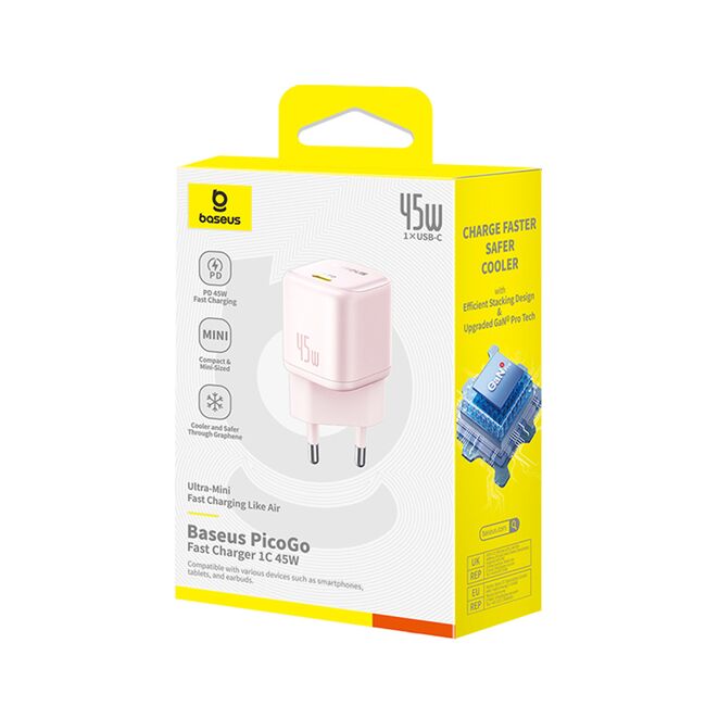 Alimentator pentru Priza, 45W, USB-C, GaN -  Baseus PicoGo (P10176800413-00) - Baby Pink
