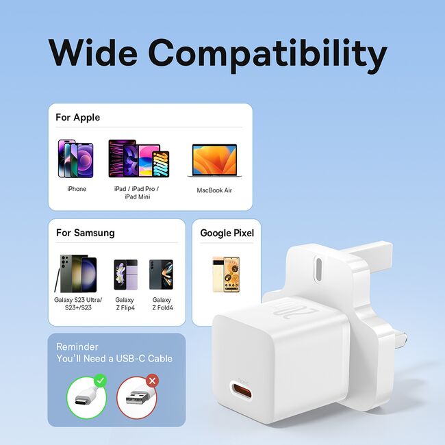 Incarcator Type-C cu Plug UK, Quick Charge 20W - Baseus (P10110907213-00) - White