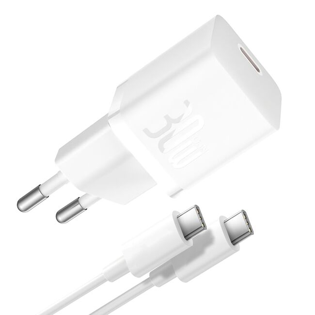 Incarcator Type-C, Fast Charging, GaN, 30W + Cablu Type-C 100W, 1m - Baseus (P10110902213-00) - Moon White