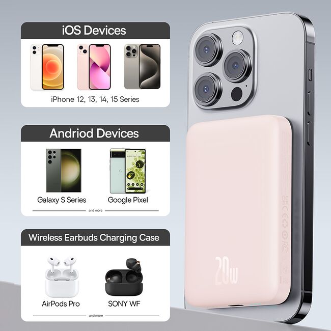 Acumulator Extern Type-C, Incarcare Wireless, 20W, 10000mAh + Cablu Type-C, 30cm - Baseus Mini Air (P10059001413-00) - Pink