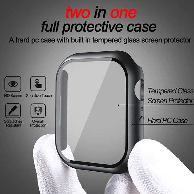 Set de Protecție 360° pentru Apple Watch 7 (45mm) – Carcasa cu protectie ecran, Claritate HD, Design Elegant - Negru