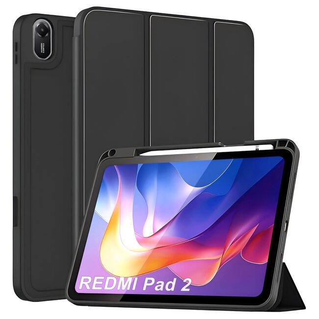 Husa pentru  Xiaomi Redmi Pad 2 Soft Shell cu functie wake-up/sleep si compartiment pentru stylus, tip stand - Negru