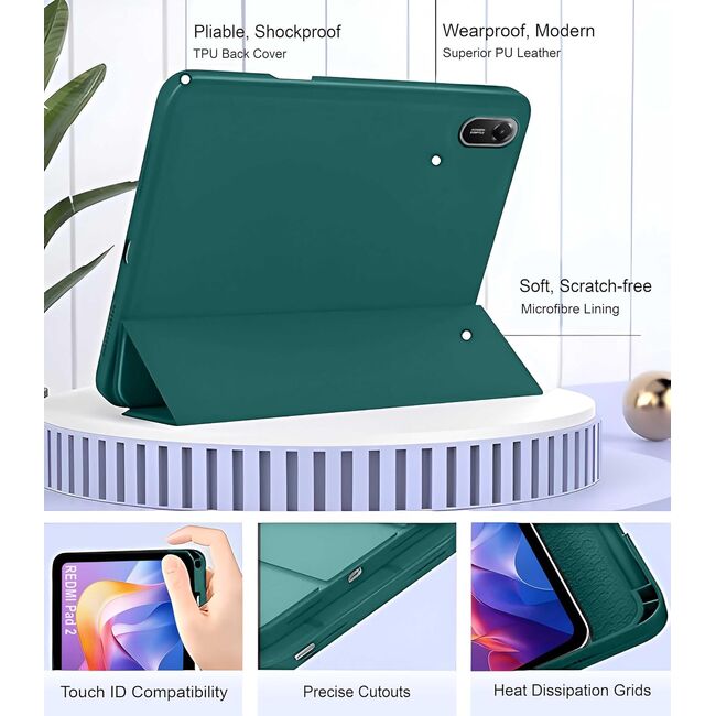 Husa pentru  Xiaomi Redmi Pad 2 Soft Shell cu functie wake-up/sleep si compartiment pentru stylus, tip stand - Verde