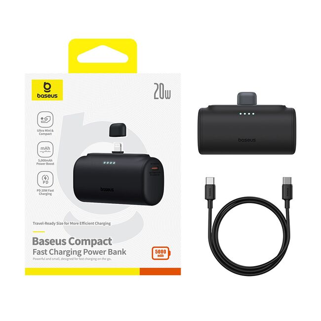 Power Bank pentru Telefon, Lightning, 20W, 5000mAh, Cablu Type-C - Baseus (P10068307413-00) - Black