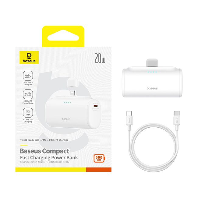 Power Bank pentru Telefon, Lightning, 20W, 5000mAh, Cablu Type-C - Baseus (P10068307413-00) - White
