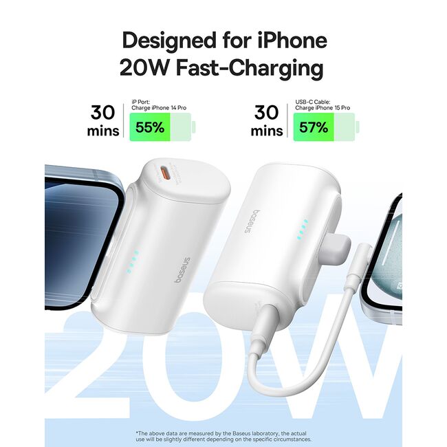 Power Bank pentru Telefon, Lightning, 20W, 5000mAh, Cablu Type-C - Baseus (P10068307413-00) - White