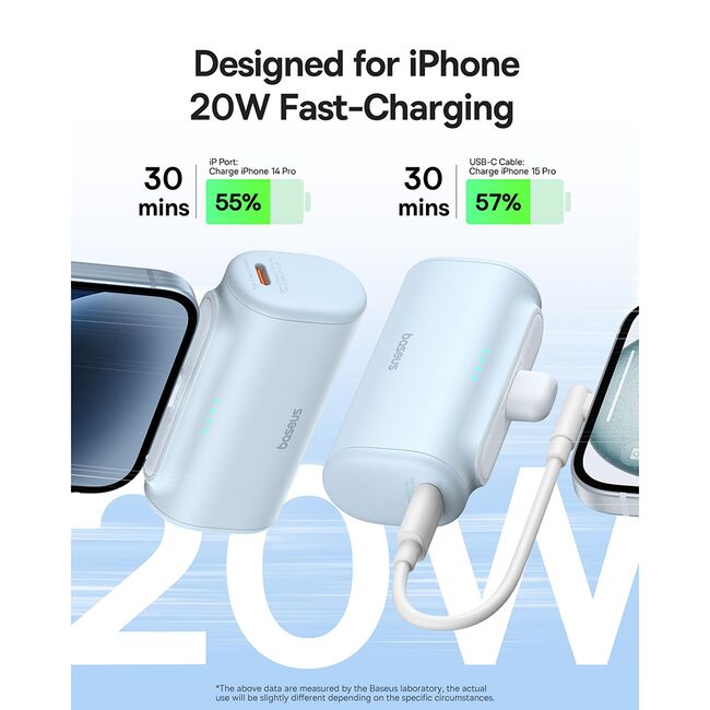Power Bank pentru Telefon, Lightning, 20W, 5000mAh, Cablu Type-C - Baseus (P10068307413-00) - Bleu
