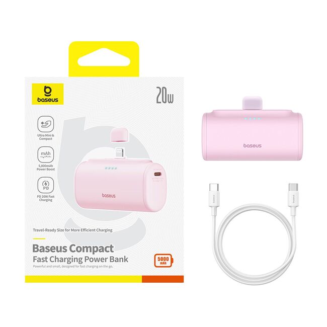 Power Bank pentru Telefon, Lightning, 20W, 5000mAh, Cablu Type-C - Baseus (P10068307413-00) - Baby Pink