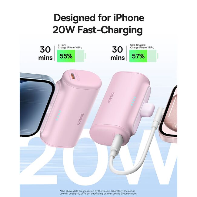 Power Bank pentru Telefon, Lightning, 20W, 5000mAh, Cablu Type-C - Baseus (P10068307413-00) - Baby Pink