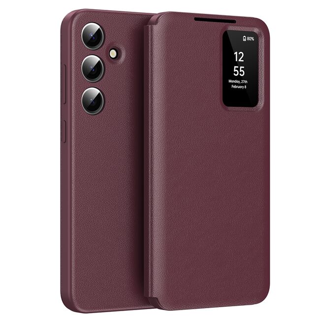 Husa pentru  Samsung Galaxy A56 Smart Window View Tip Carte – Design Premium, Vizualizare Inteligenta, Protectie 360°, Card Slot, Textura Mata Eleganta - Bordeaux